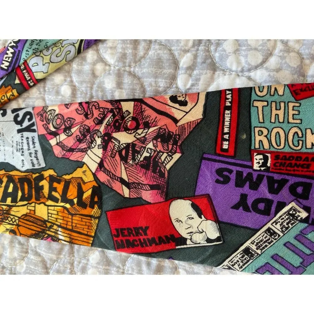 Nicole Miller Vintage 1991 HAND-SIGNED Silk Tie 80s New York Post Headlines 58x4